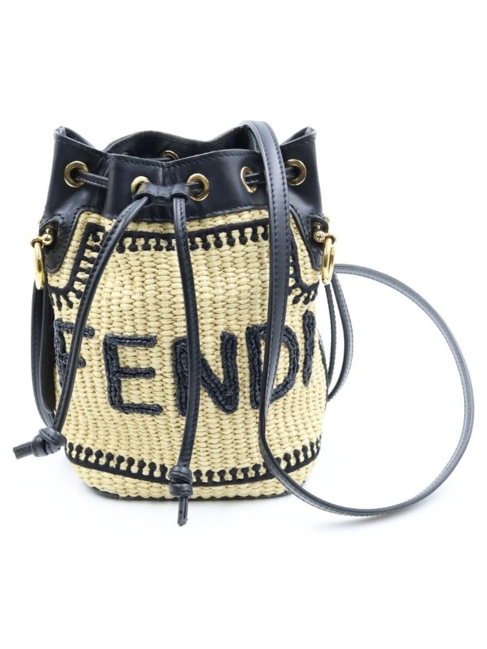 Fendi Mon Tresor Small Shoulder Bag Bucket Raffia Beige Black